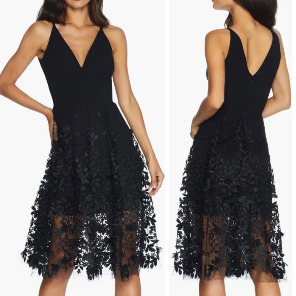 Dress The Population Black V Neck Embroidered Mesh Cocktail Dress - Size Small
